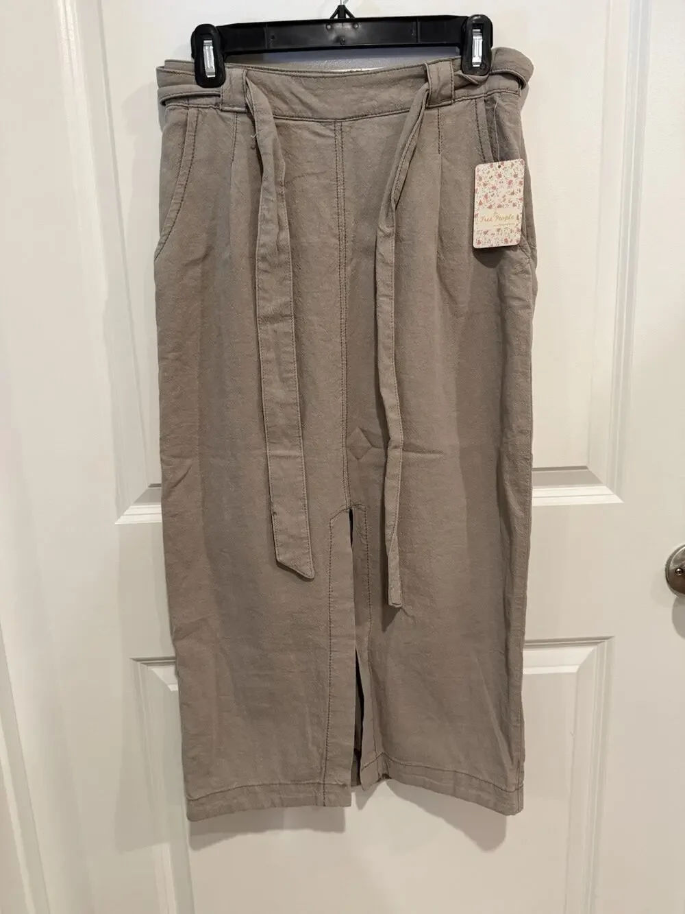 Free People Womens Sz 2 Linen Cotton Midi Skirt Mushroom Belted Front Slit Boho